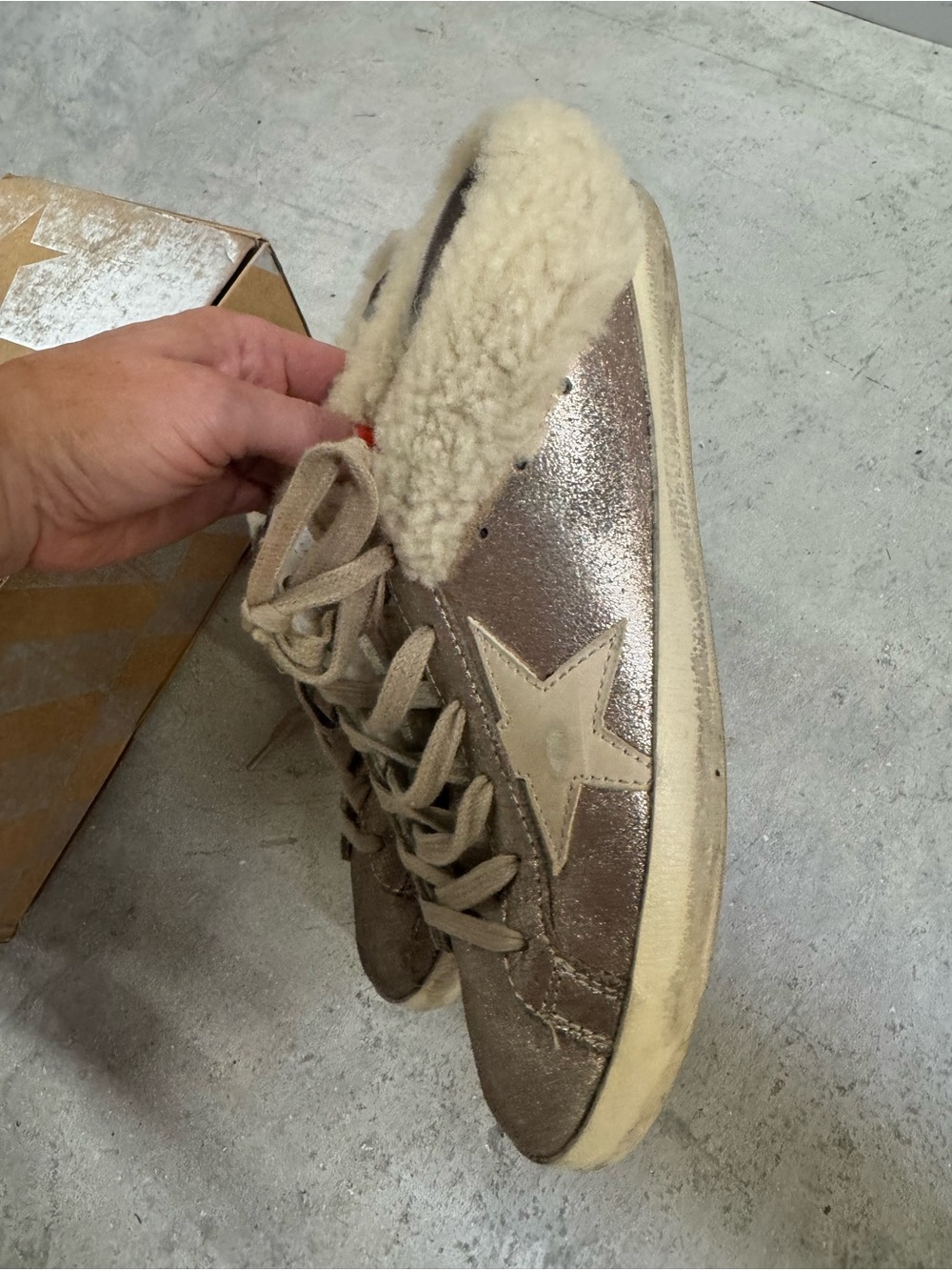 Golden Goose Metallic Champagne Shearling-Trim Low Top Sneakers - Picture 3 of 7